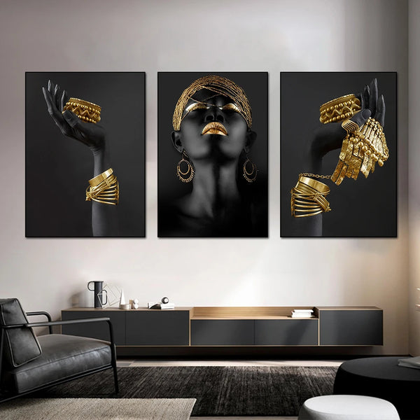 Silver and Gold African Women Portrait Canvas Print - Scandinavian Wall Art for Living Room Decor