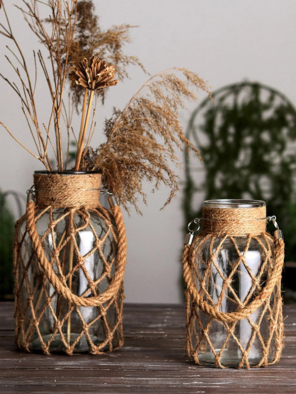 Rustic Hanging Glass Vase with Hemp Rope - Boho Home Decor for Dried Flowers and Table Decoration