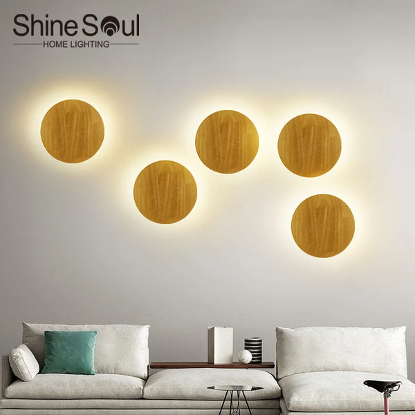 Nordic Round LED Wall Lamp - Modern Wooden Wall Light for Bedroom and Staircase